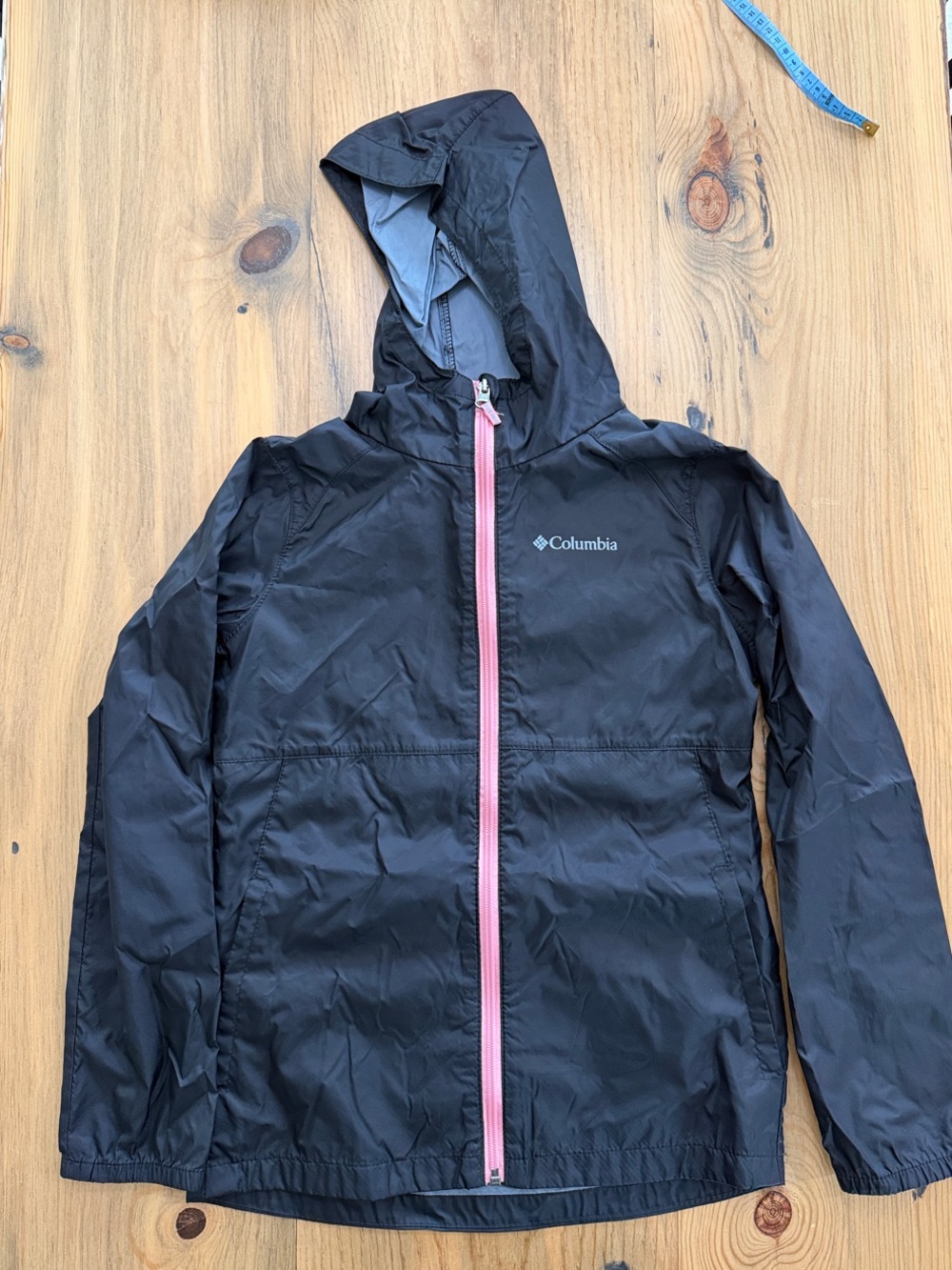 Columbia Black Hooded Kids Rain Jacket with Pink Zipper